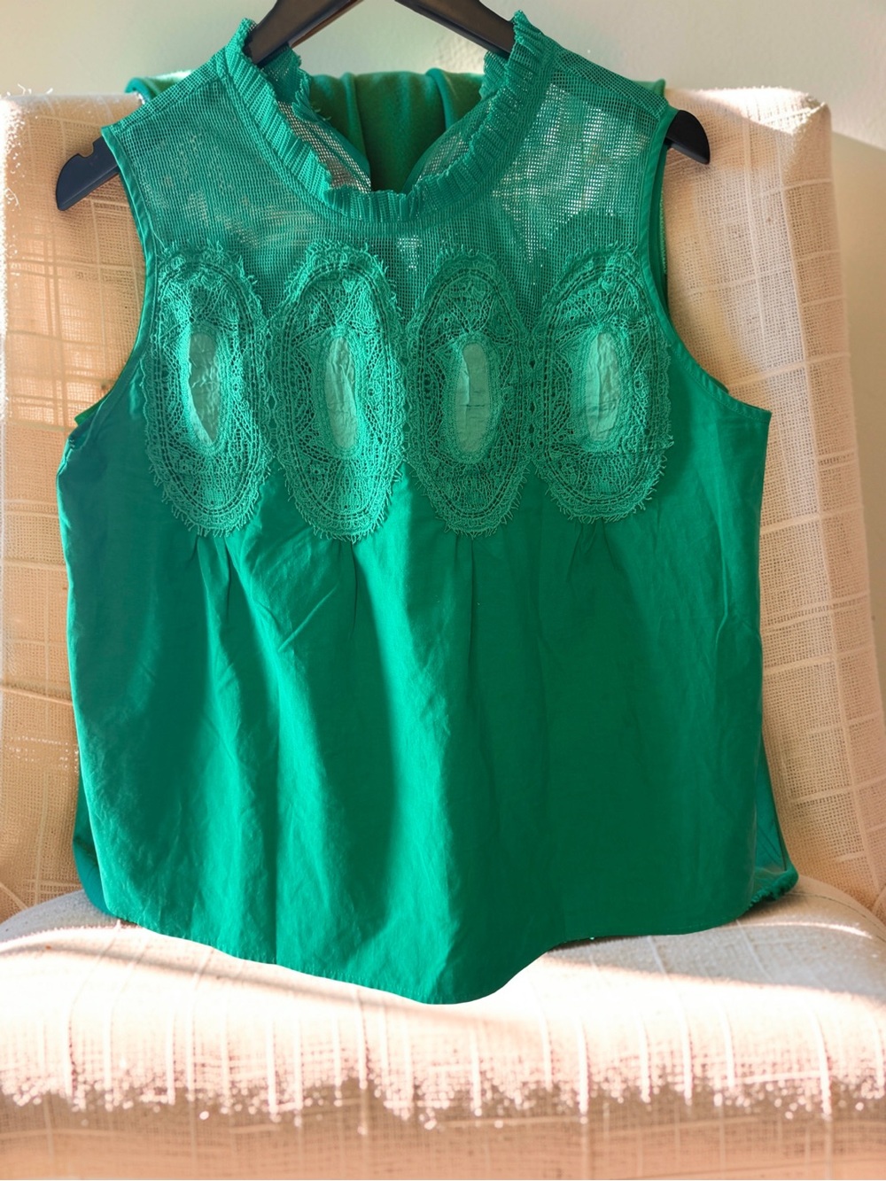 Sleeveless Lace Yoke Camisole in Emerald Green